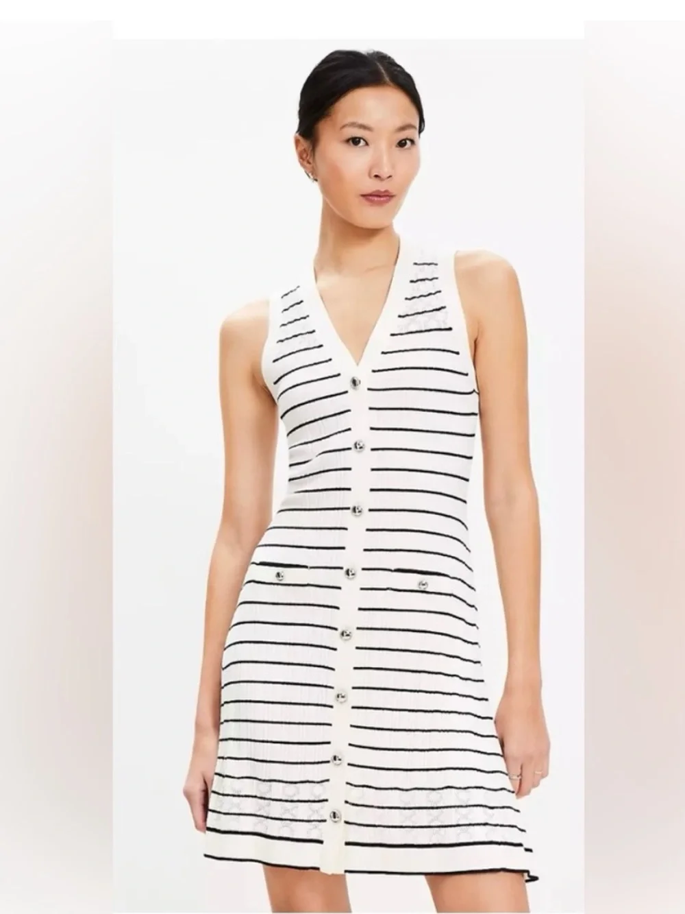 Loft Sleeveless White & Black Striped Knit Dress, Size M